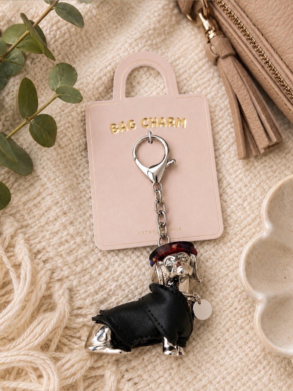 Anthropologie Dachshund Dog Bag Charm with Black Coat and Red Hat